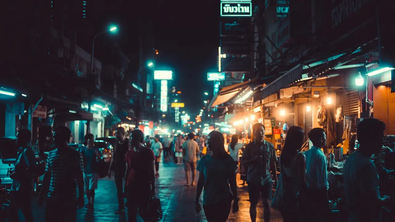 Bangkok street life at night in Thailand